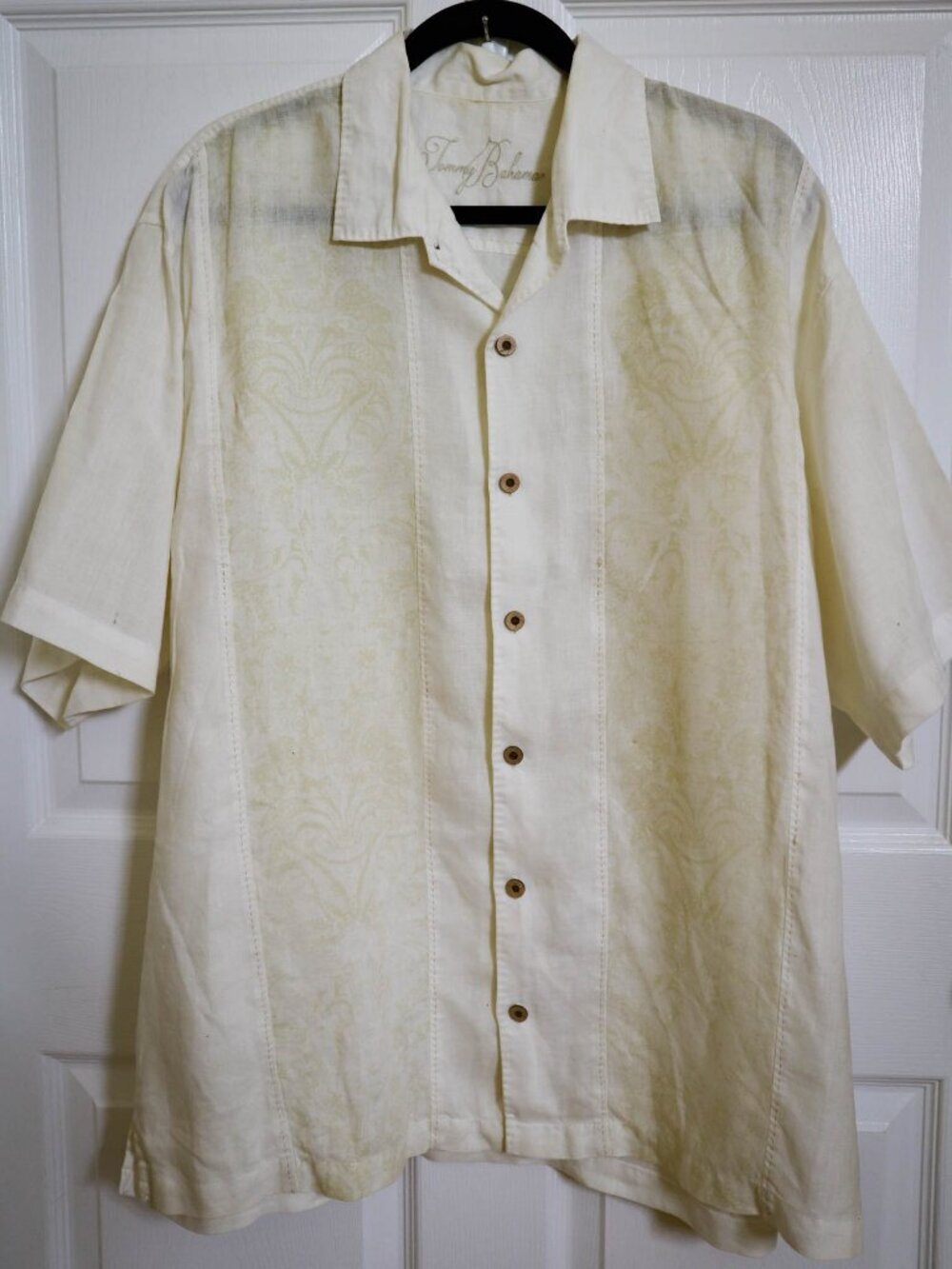 Tommy Bahama 100% Linen Hawaiian Button Down Shirt Wood Buttons Mens Sz XL